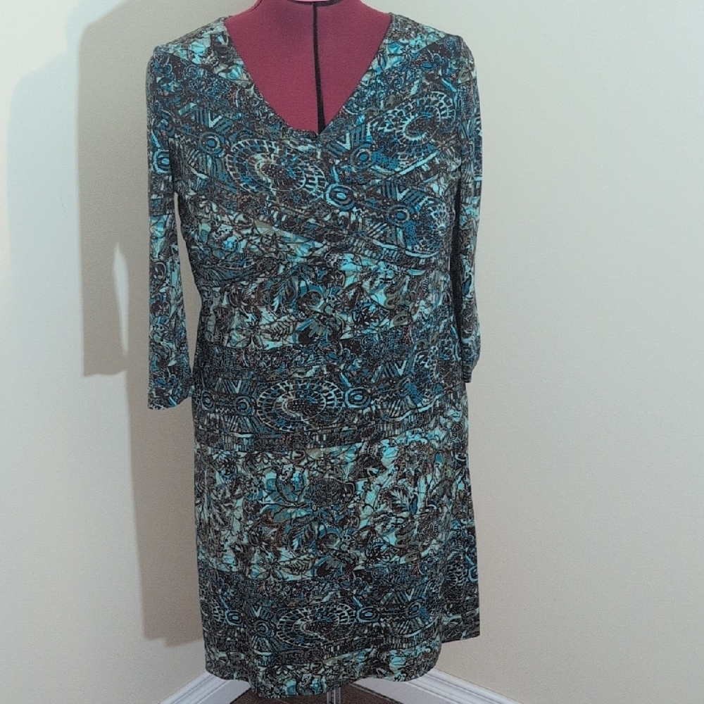Coldwater Creek | Elegant Teal And Brown Patterned Dress